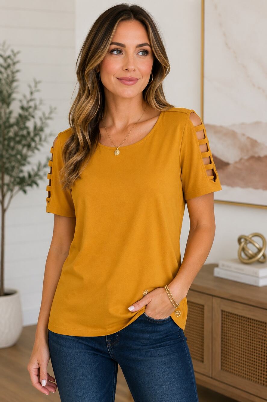 MICHAEL Michael Kors Womens M Mustard Yellow Ladder Sleeve Cutout Top